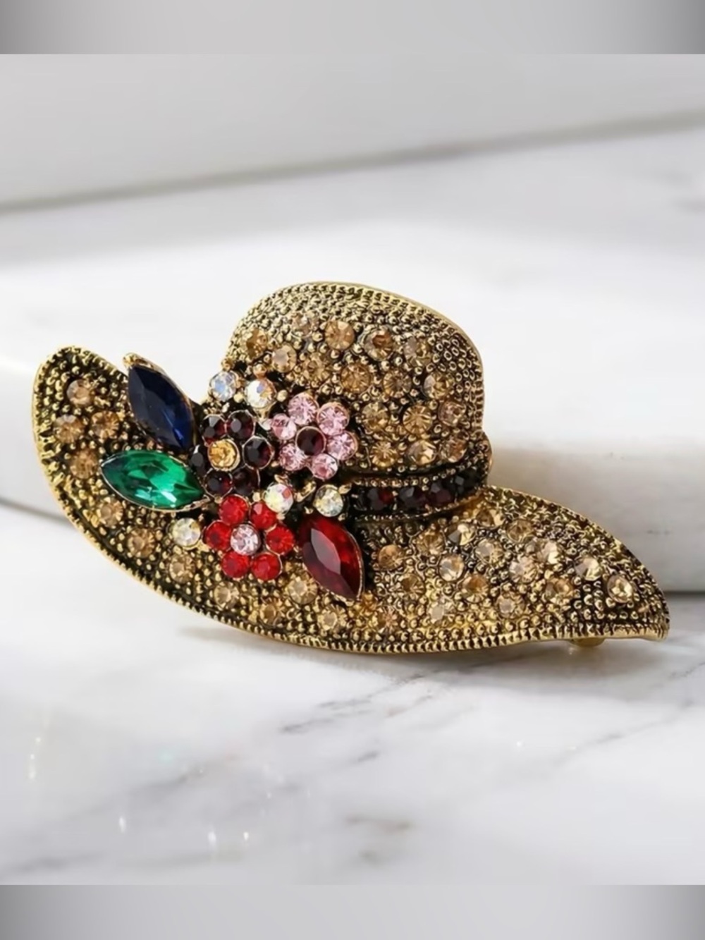 vintage alloy brooch rhinestone-encrusted hat adorned colorful floral accents